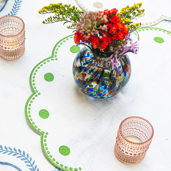 Vietri Tessuti White Round Placemats - Sage Green Dots