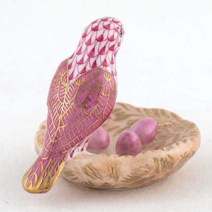 Herend Decorative Bird with Nest - Raspberry