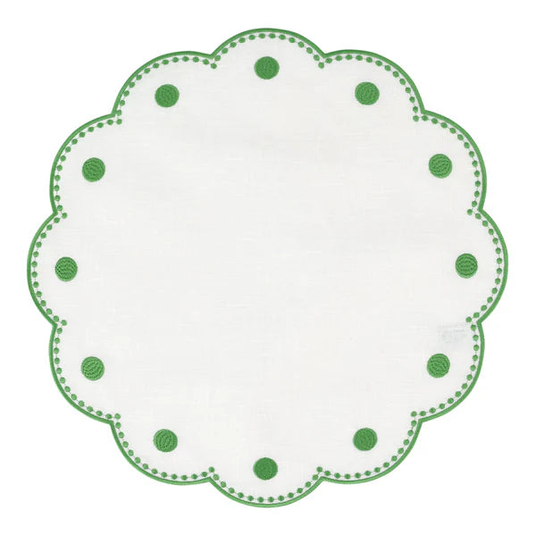 Vietri Tessuti White Round Placemats - Sage Green Dots