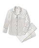 Petite Plume Women's Silk Pajama Set in White with Periwinkle Piping
