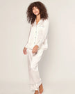 Petite Plume Women's Silk Pajama Set in White with Periwinkle Piping