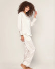 Petite Plume Women's Silk Pajama Set in White with Periwinkle Piping