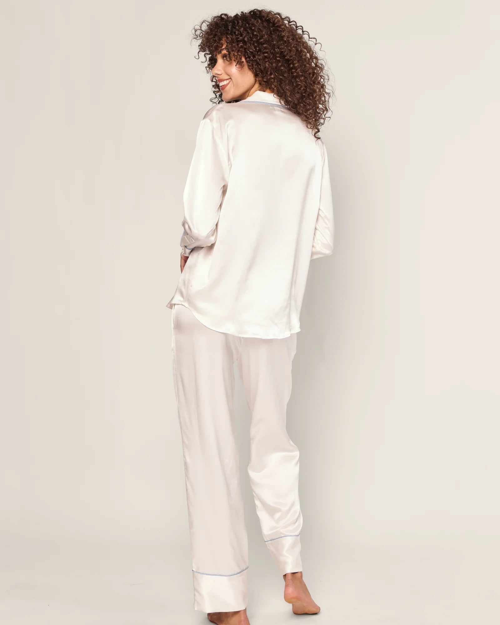 Petite Plume Women's Silk Pajama Set in White with Periwinkle Piping