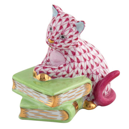 Herend Decorative Cat on Books - Raspberry