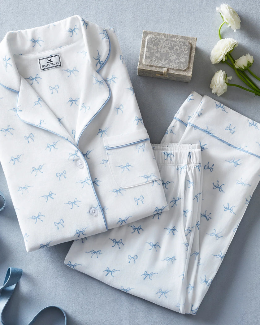 Petite Plume Women’s Long Pima Pajama Set - Something Blue Bows