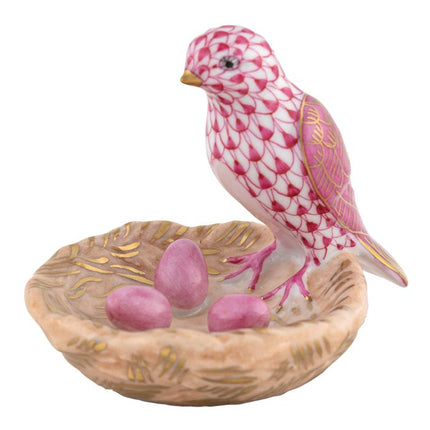 Herend Decorative Bird with Nest - Raspberry