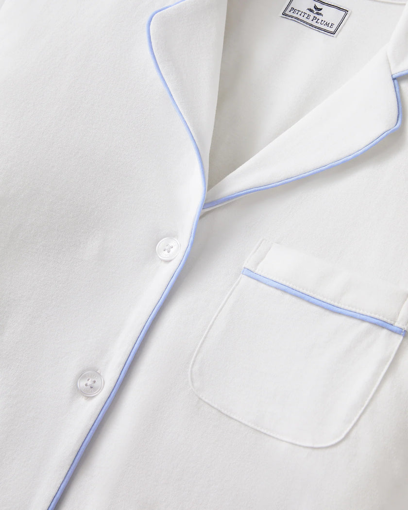 Petite Plume Women's Pima Short Sleeve Short Set in White with Periwinkle Piping