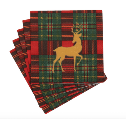 Caspari Reindeer Tartan Red Cocktail Napkins