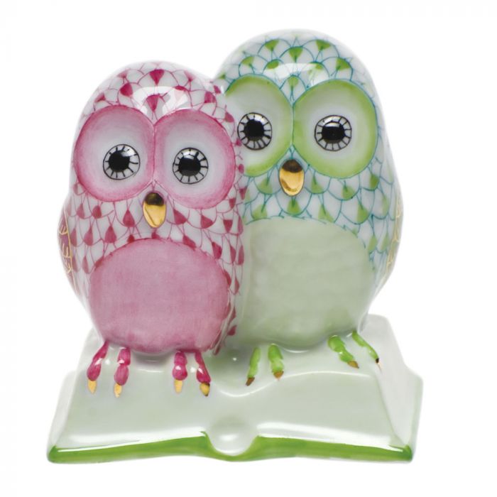 Herend Decorative Pair of Owls on a Book - Raspberry/Lime